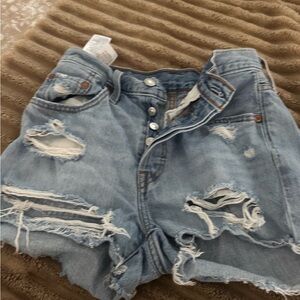 Levi's High Rise Distressed Denim Shorts - Light Blue